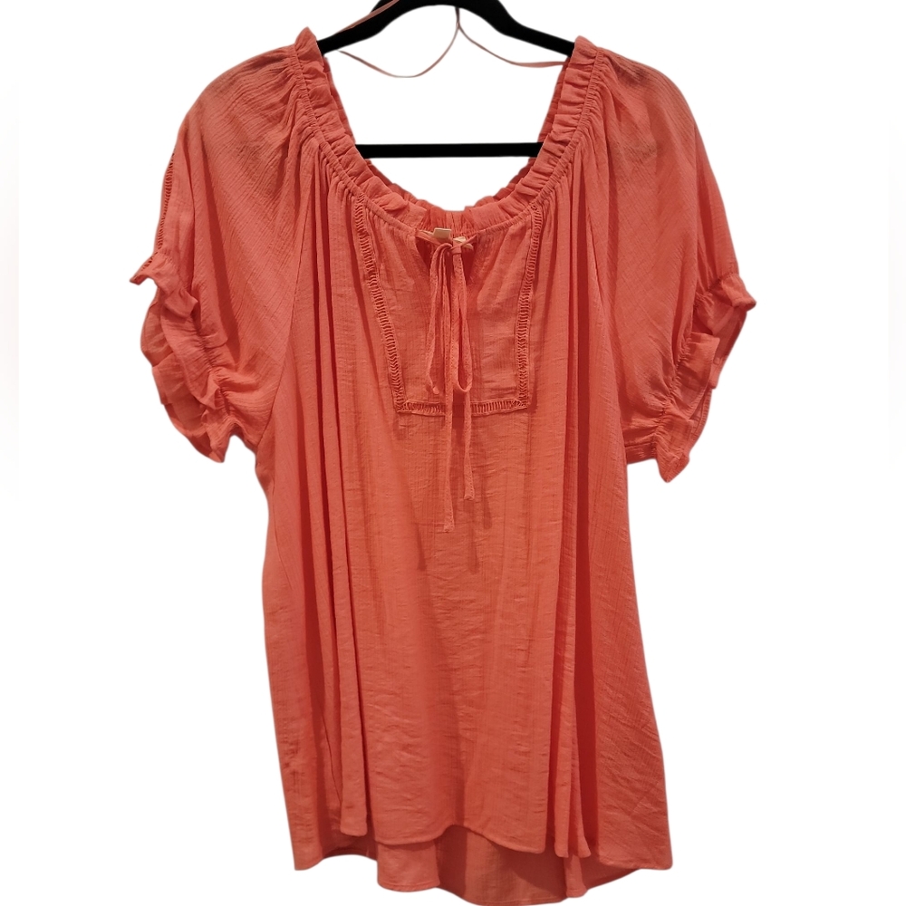 Flower & Feather Boho Peasant Plus Size Women's Short Sleeve Orange Top 2XL